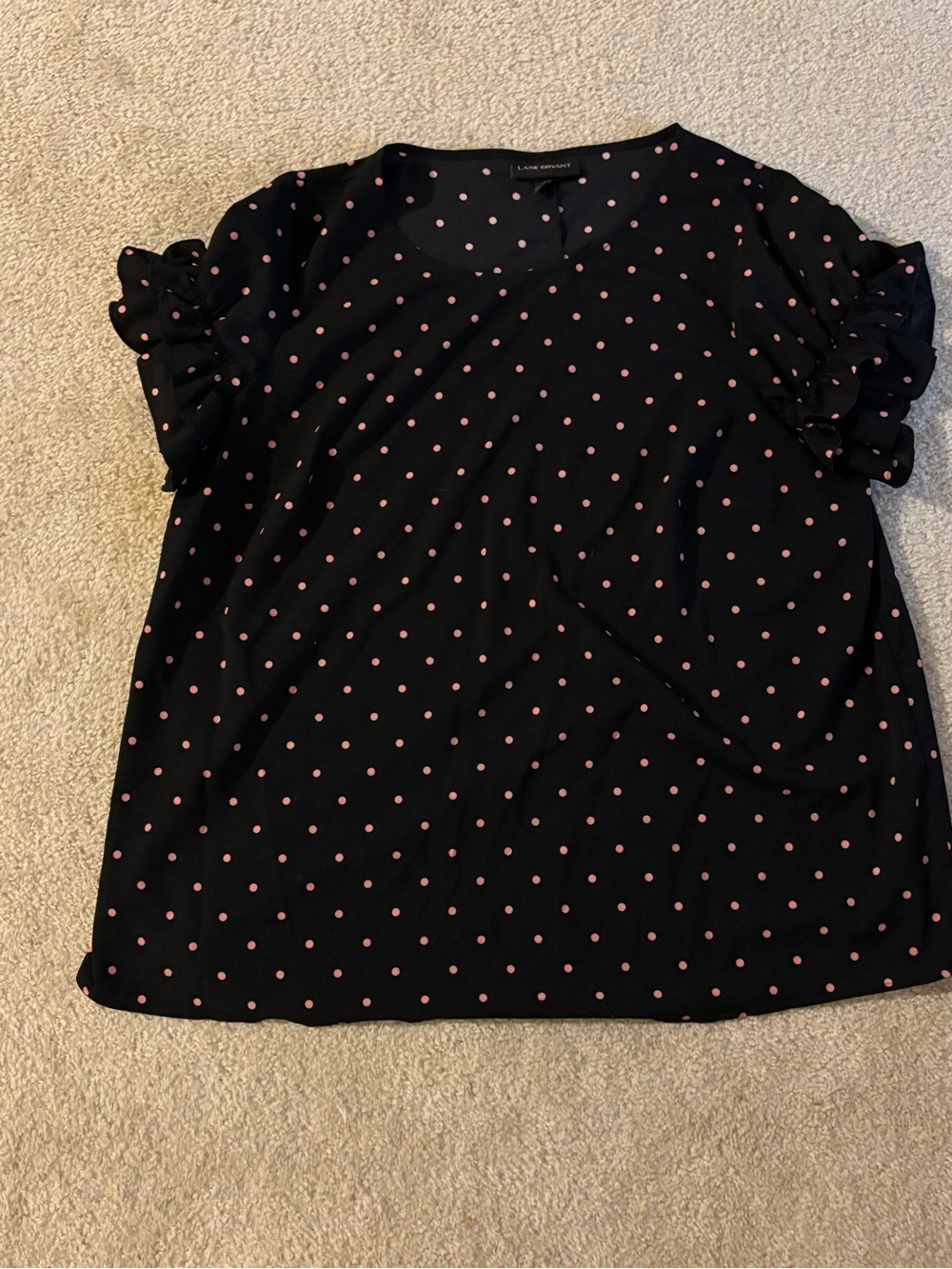 Lane Bryant Black Polka Dot Ruffle Sleeve Top - Black with Pink Dots